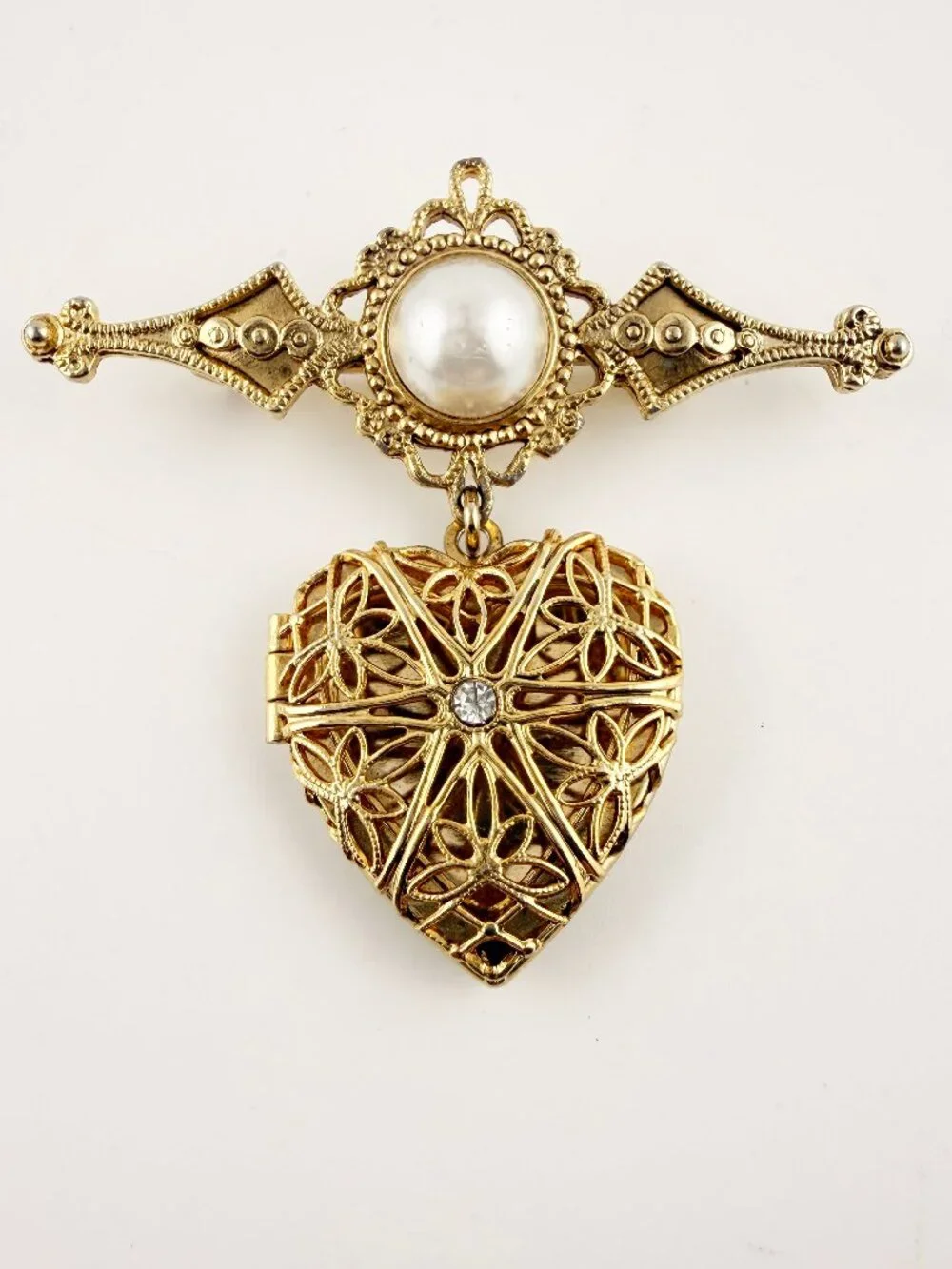 Vintage Victorian Revival Heart Locket Bar Brooch - Gold-tone